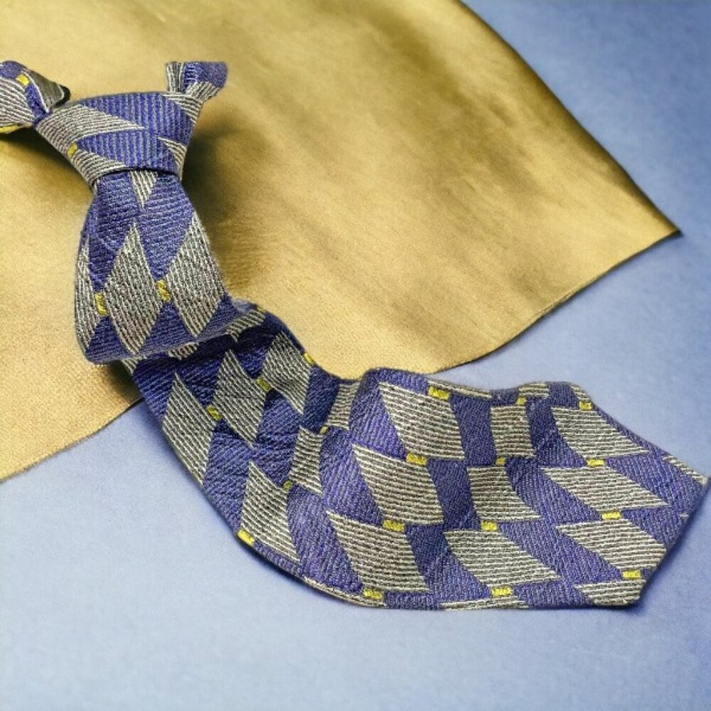 Vintage MODULES Blue Gray Gold Geometric 100% Silk Wide Necktie Made in‎ Japan